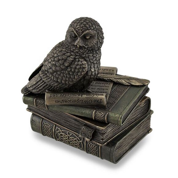 Owl Perched On Stack of Books Bronzed Trinket Box/Stash Box Statue - Picture 1 of 5